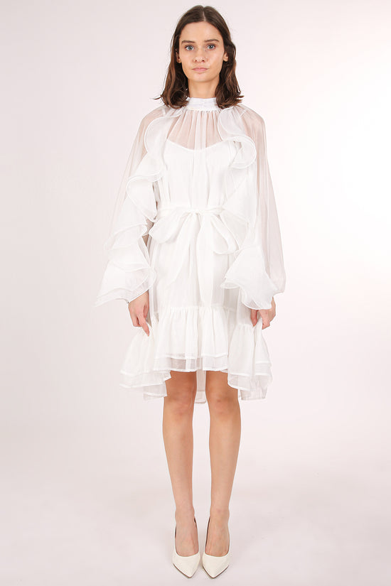 Thea Ruffled Trim Detail Belted A-Line Sheer Midi Dress - Shop Beulah Style