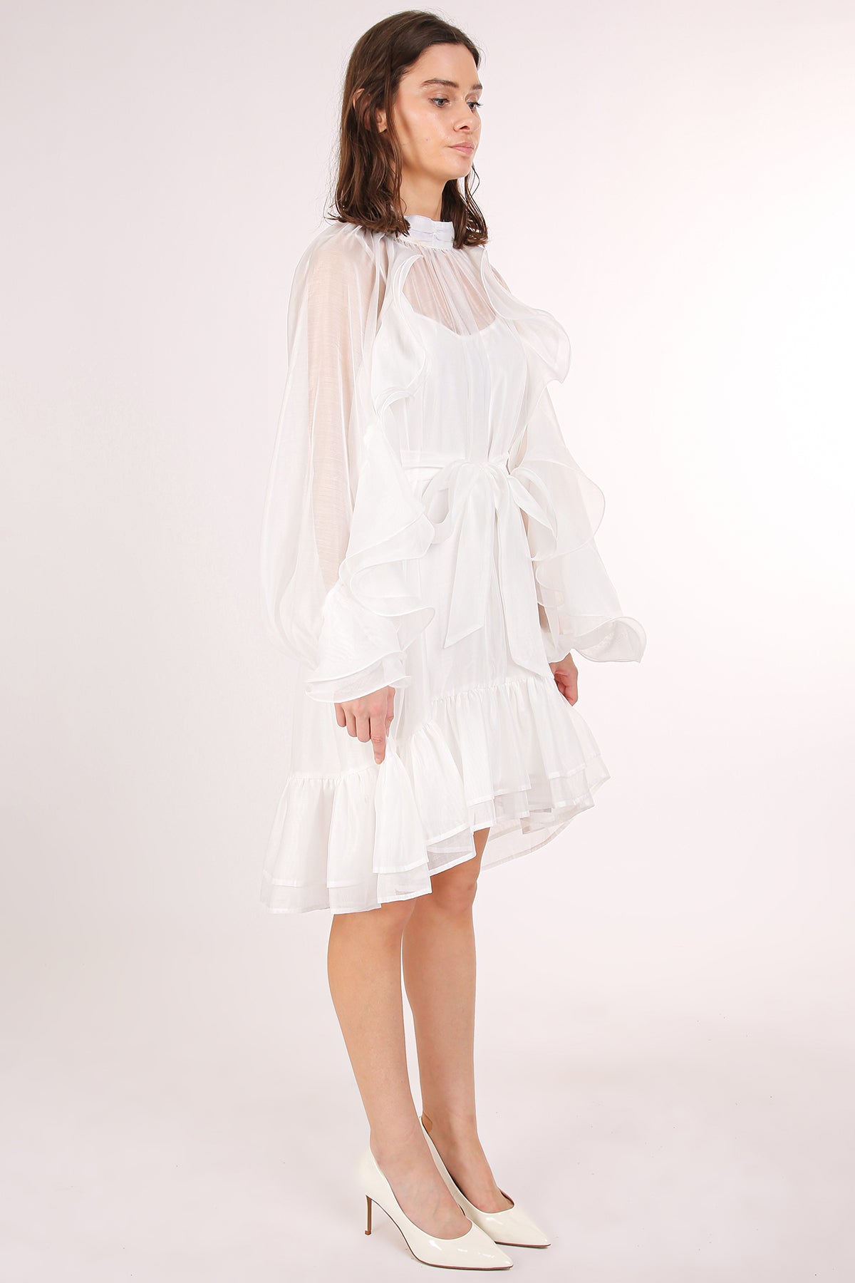 Thea Ruffled Trim Detail Belted A-Line Sheer Midi Dress - Shop Beulah Style