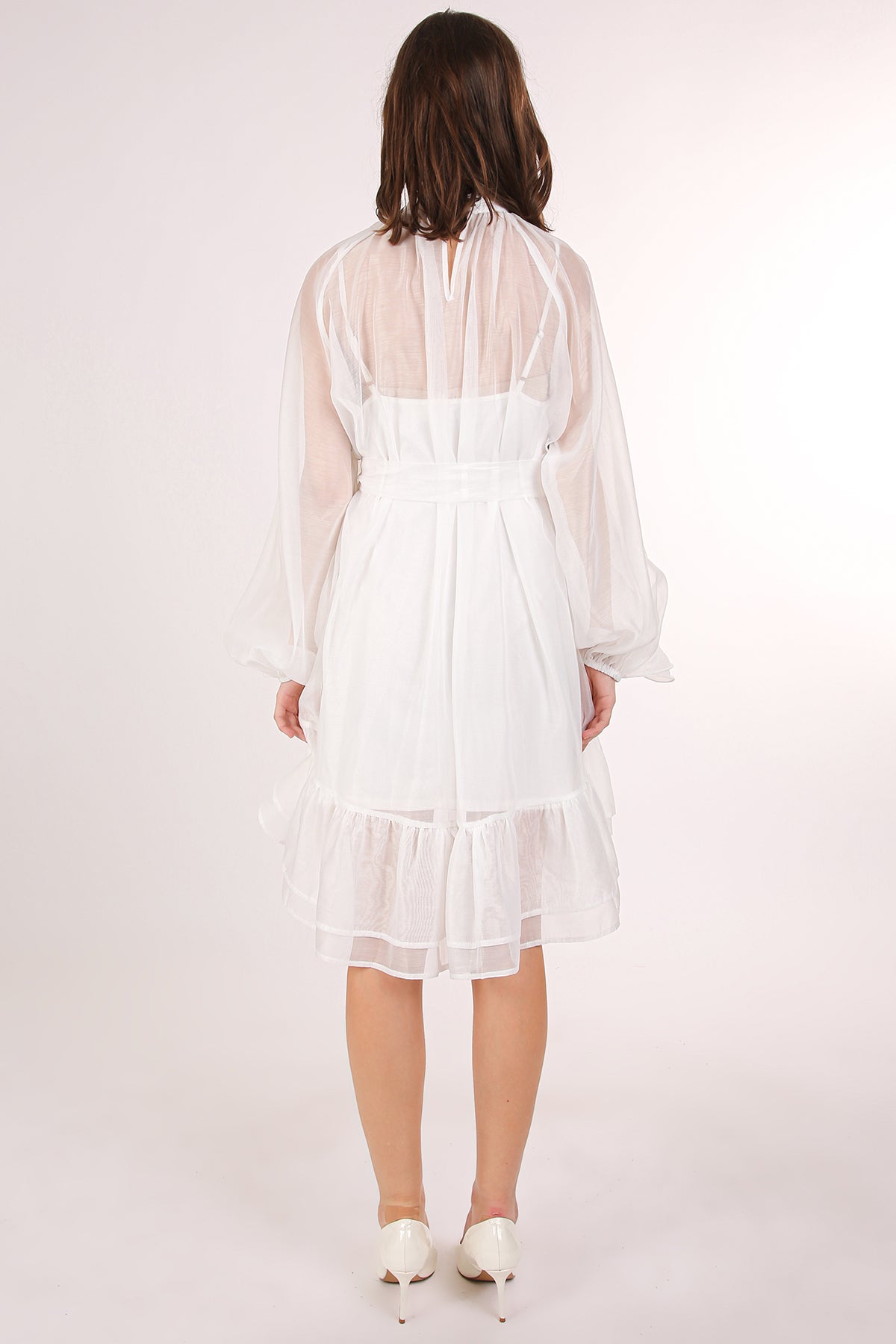 Thea Ruffled Trim Detail Belted A-Line Sheer Midi Dress - Shop Beulah Style