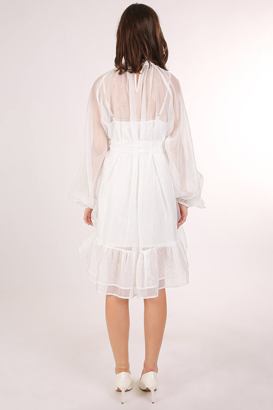 Thea Ruffled Trim Detail Belted A-Line Sheer Midi Dress - Shop Beulah Style