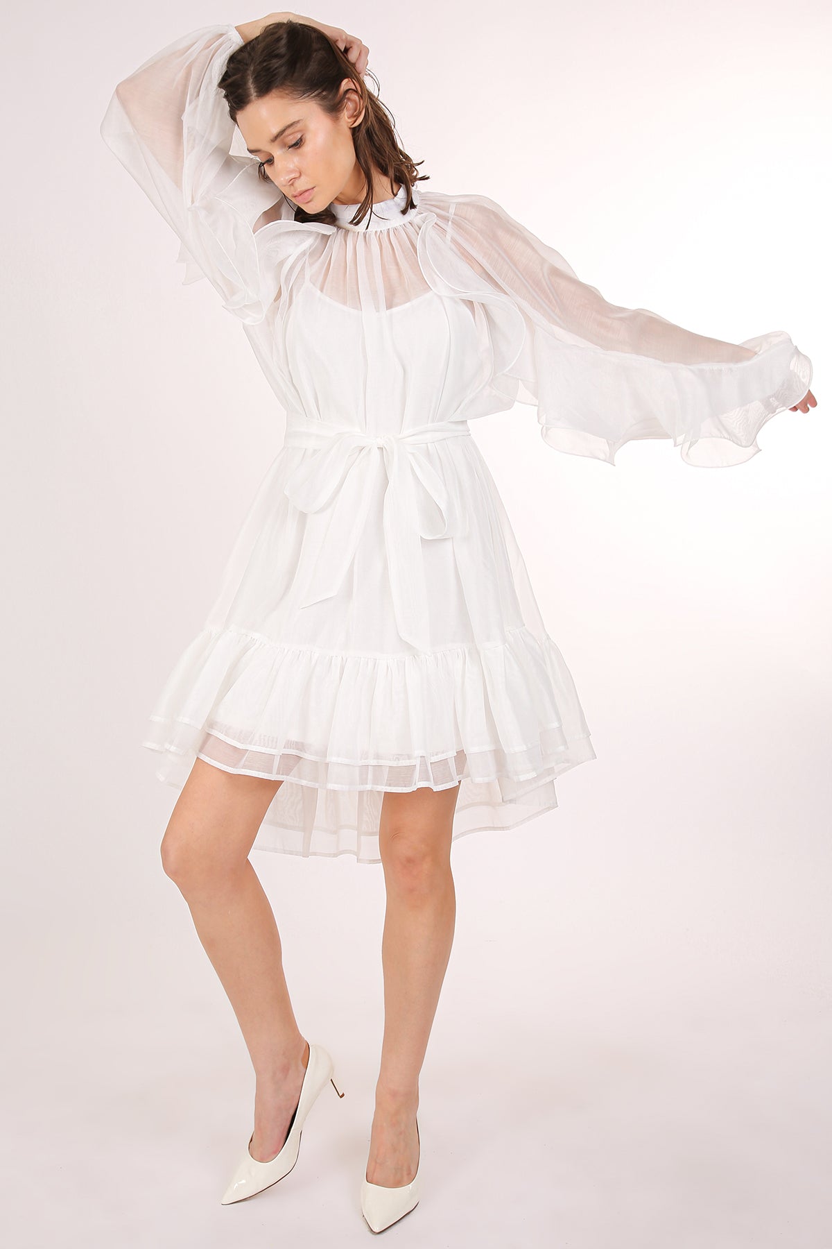 Thea Ruffled Trim Detail Belted A-Line Sheer Midi Dress - Shop Beulah Style
