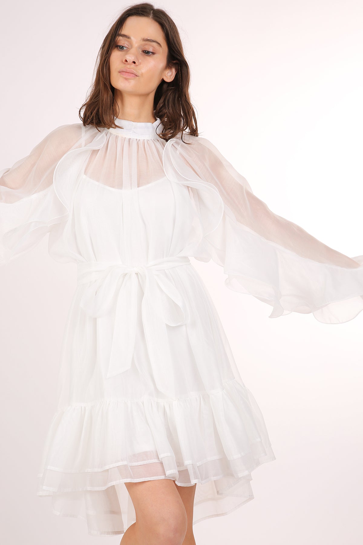 Thea Ruffled Trim Detail Belted A-Line Sheer Midi Dress - Shop Beulah Style