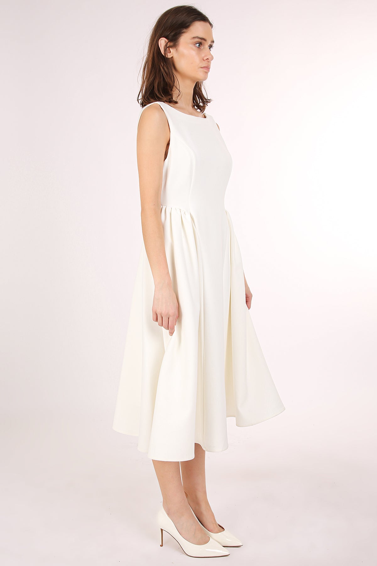 Danica A-Line Sleeveless Gathered Shift Midi Dress