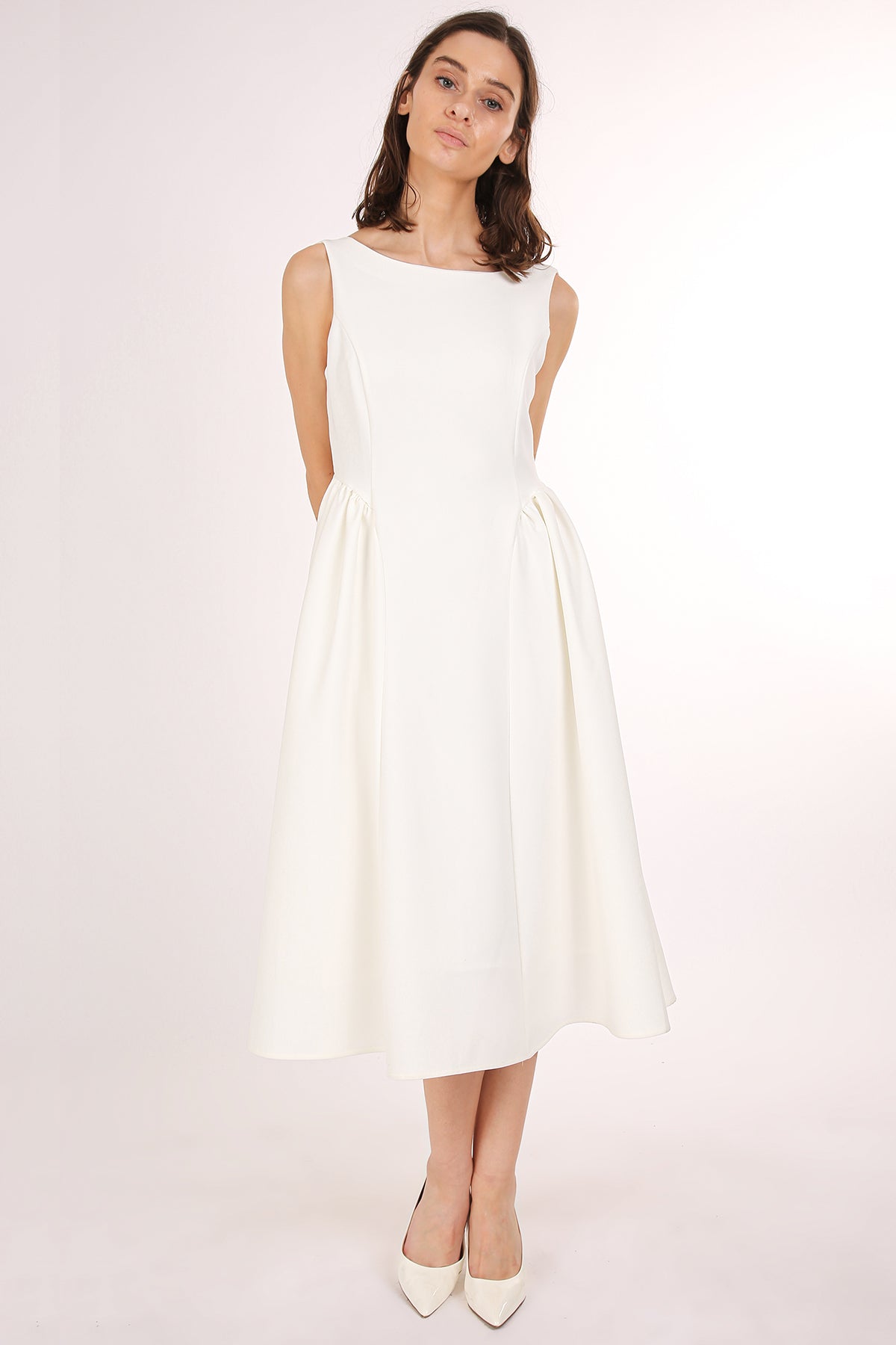 Danica A-Line Sleeveless Gathered Shift Midi Dress