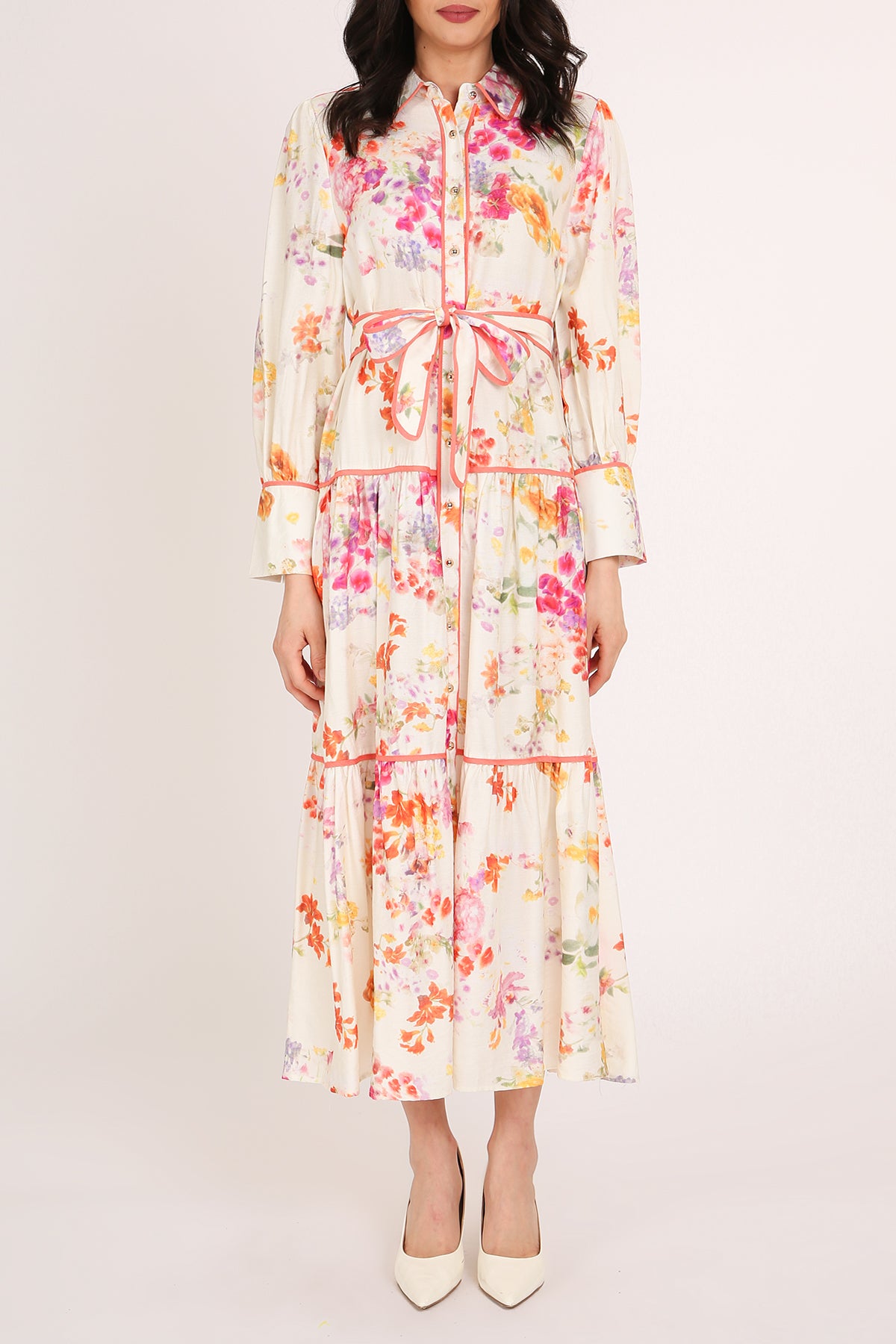 Sophia Painted Floral Print A-Line Tiered Maxi Shirt Dress - Shop Beulah Style