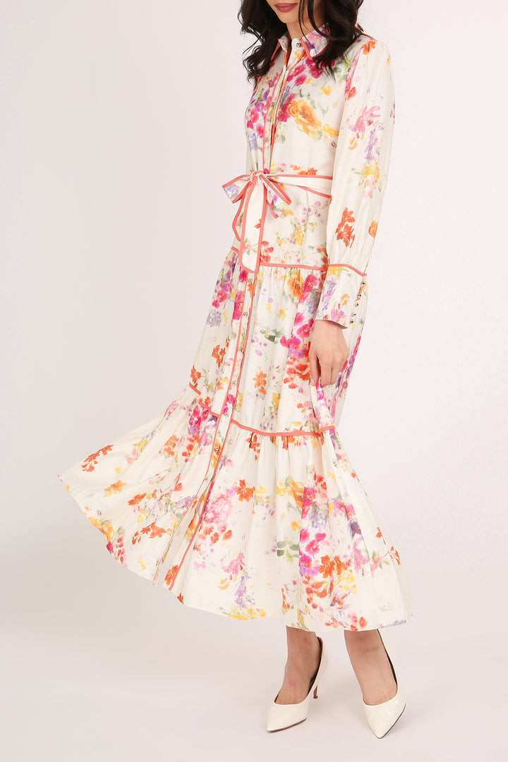 Sophia Painted Floral Print A-Line Tiered Maxi Shirt Dress - Shop Beulah Style