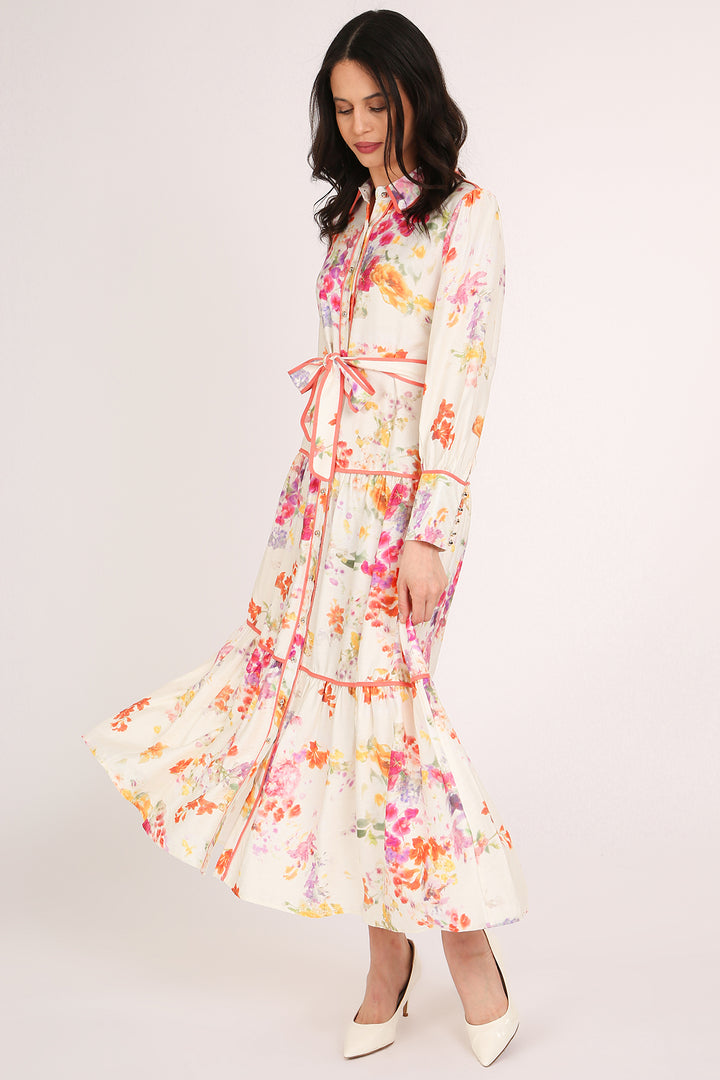 Sophia Painted Floral Print A-Line Tiered Maxi Shirt Dress - Shop Beulah Style