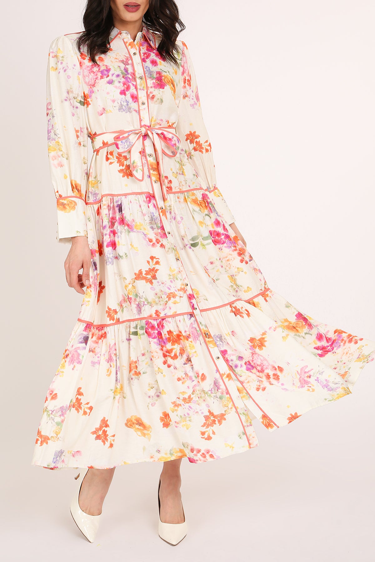 Sophia Painted Floral Print A-Line Tiered Maxi Shirt Dress - Shop Beulah Style
