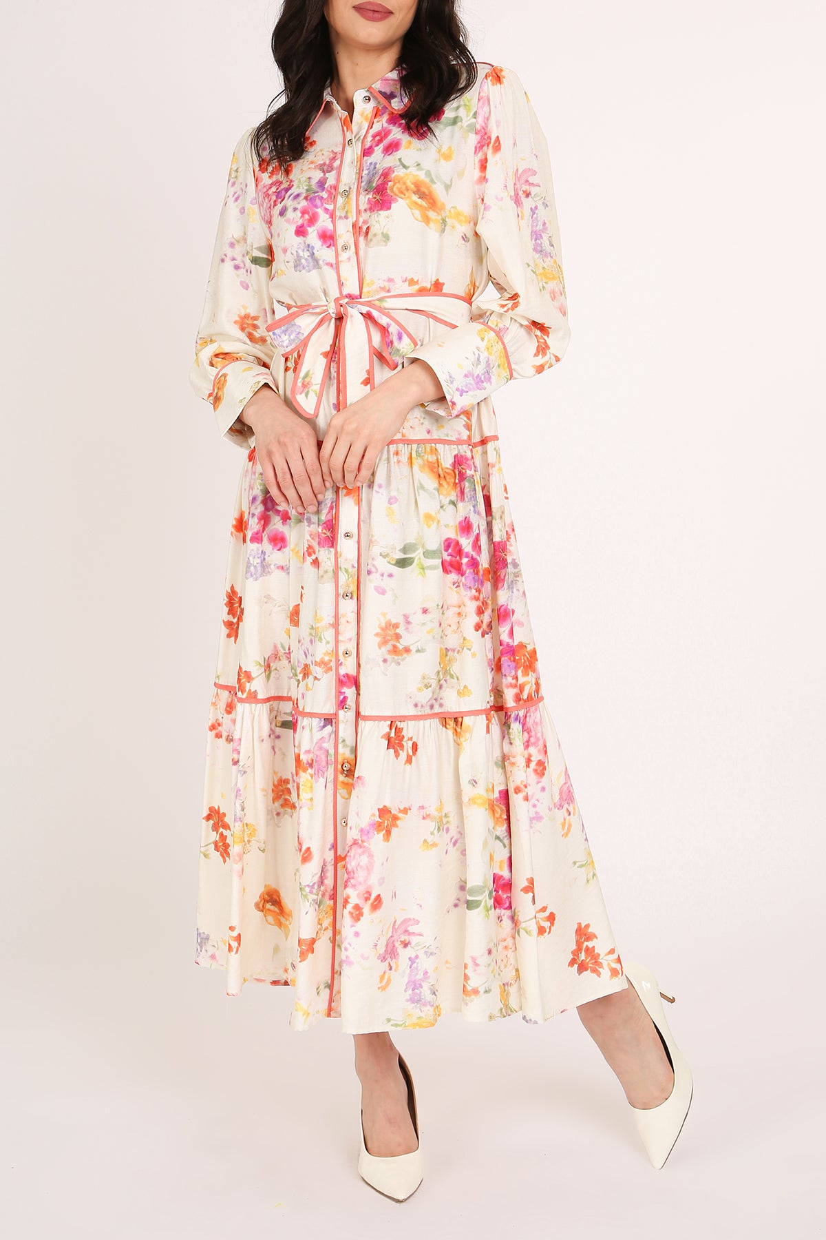 Sophia Painted Floral Print A-Line Tiered Maxi Shirt Dress - Shop Beulah Style