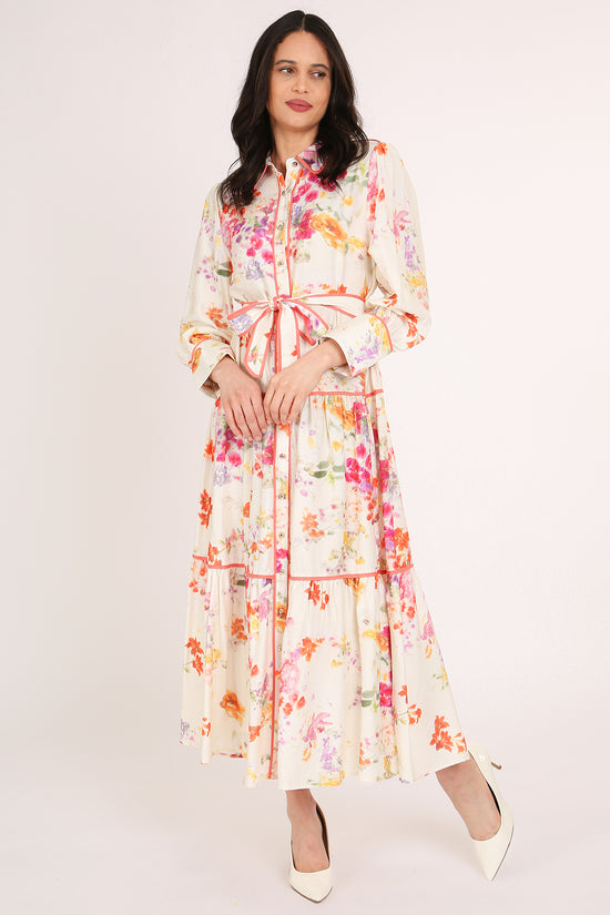 Sophia Painted Floral Print A-Line Tiered Maxi Shirt Dress - Shop Beulah Style