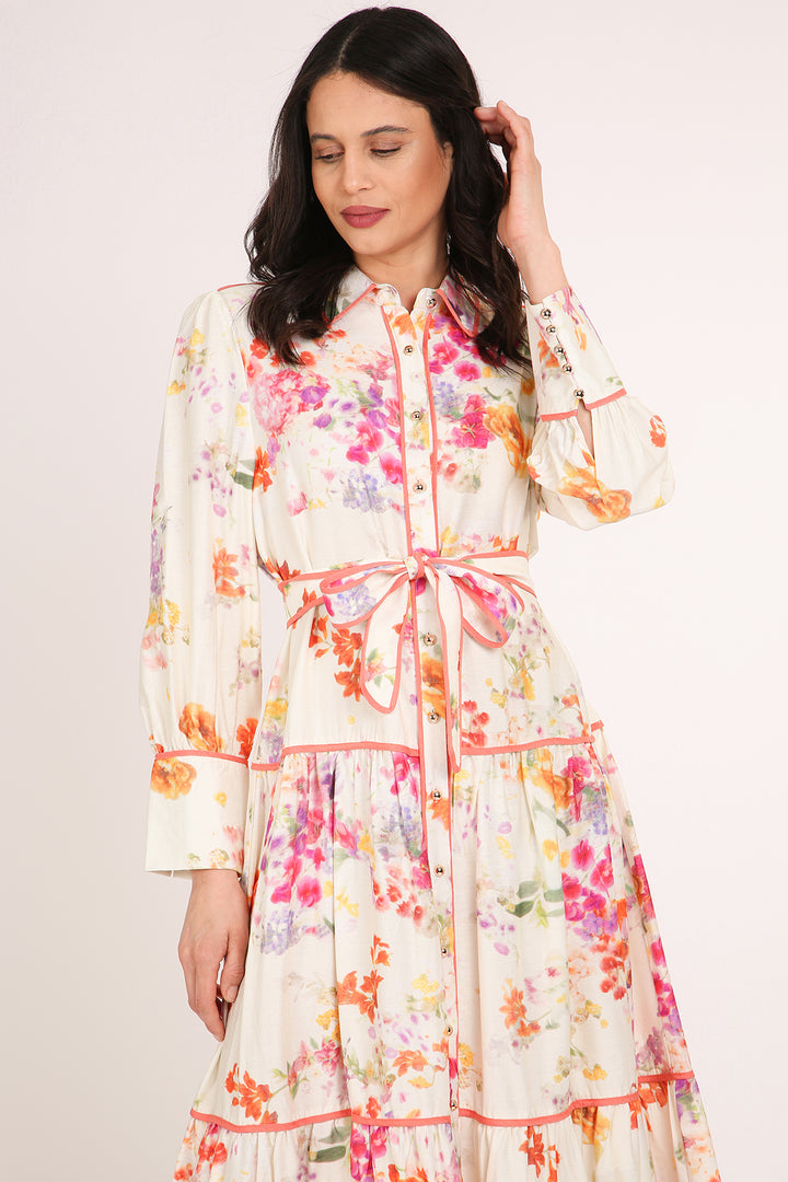Sophia Painted Floral Print A-Line Tiered Maxi Shirt Dress - Shop Beulah Style