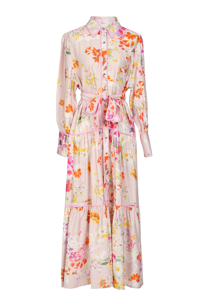 Sophia Painted Floral Print A-Line Tiered Maxi Shirt Dress - Shop Beulah Style