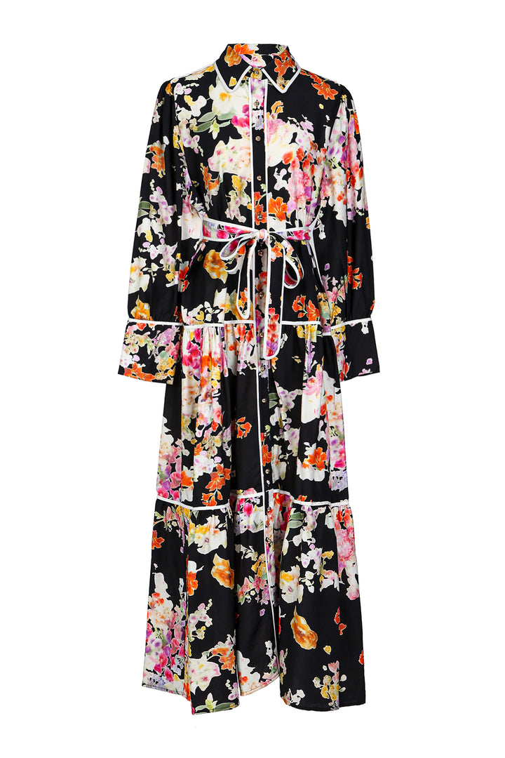 Sophia Painted Floral Print A-Line Tiered Maxi Shirt Dress - Shop Beulah Style