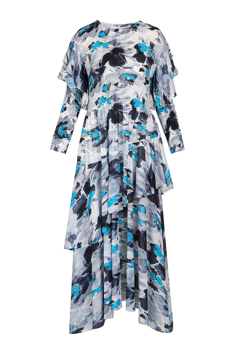 Susan Printed Asymmetrical Draped Hem Ruffles Maxi Dress - Shop Beulah Style