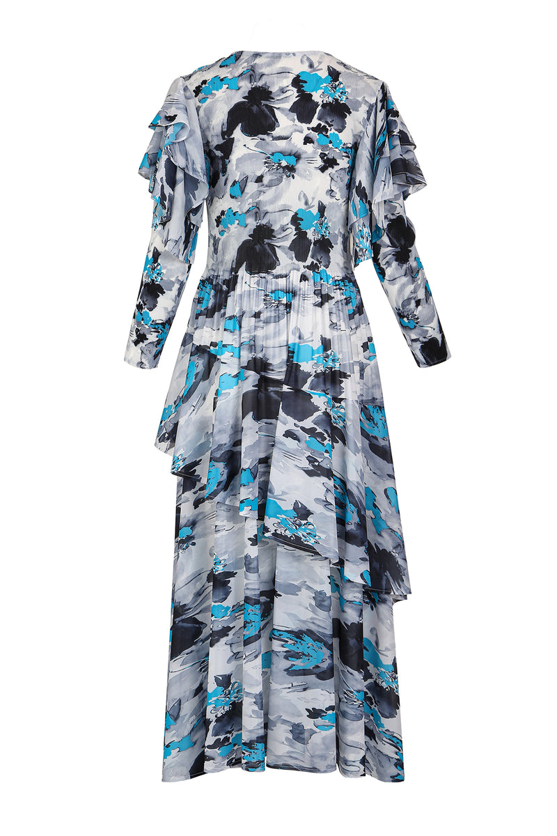 Susan Printed Asymmetrical Draped Hem Ruffles Maxi Dress - Shop Beulah Style