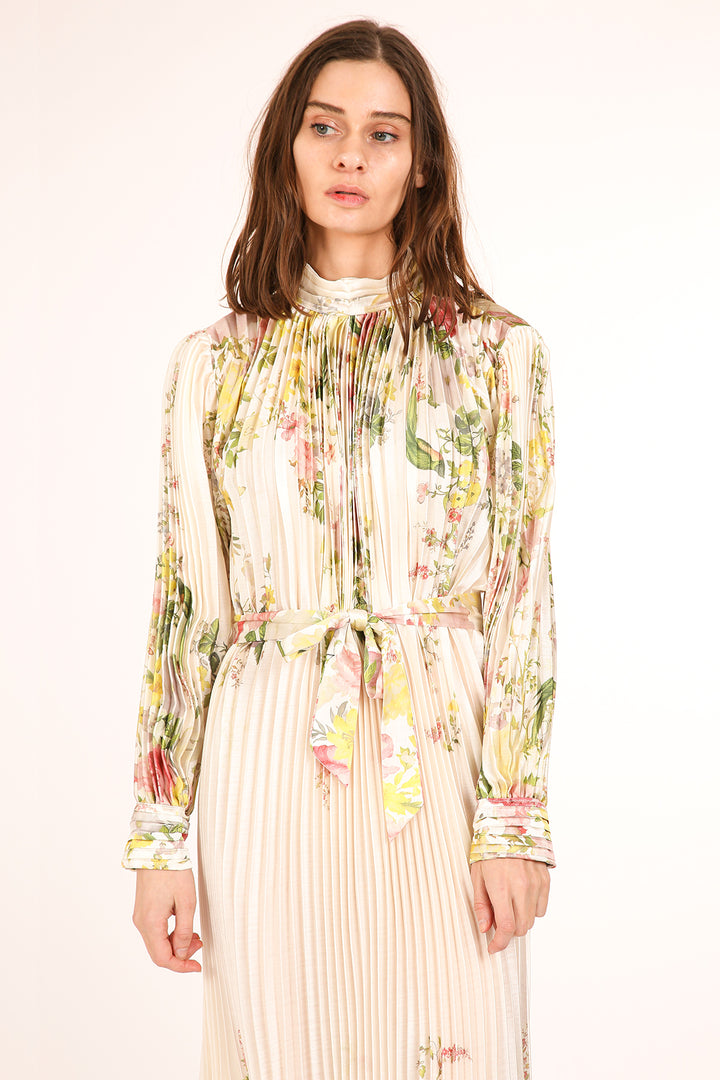 Anais Artistic Floral Print Pleated Midi Dress