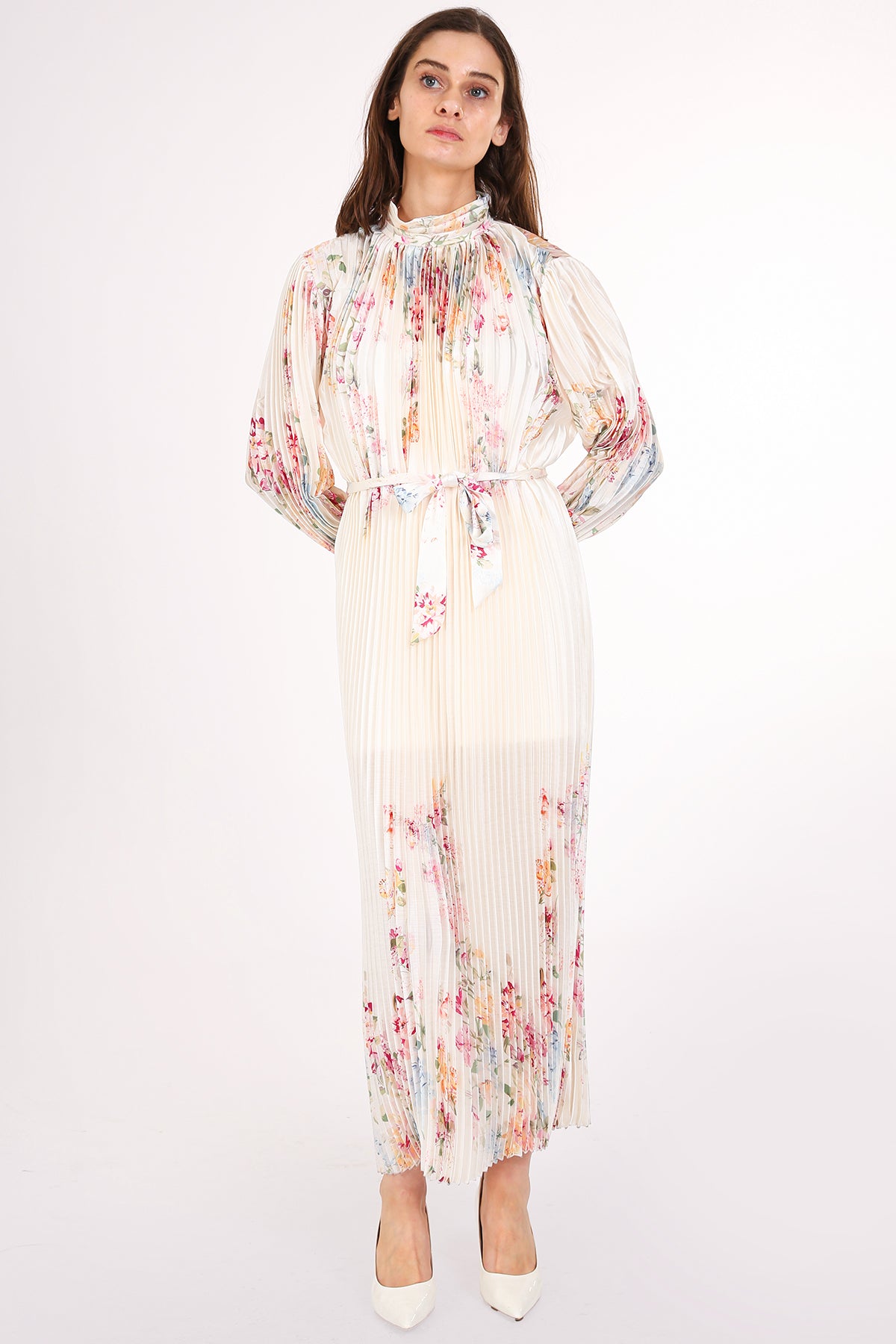 Anais Artistic Floral Print Pleated Midi Dress