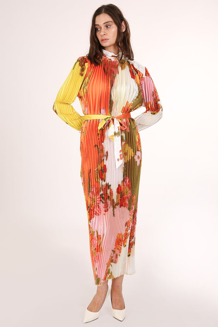 Aria Colorblock Multi-floral Print Pleated Midi Dress - Shop Beulah Style