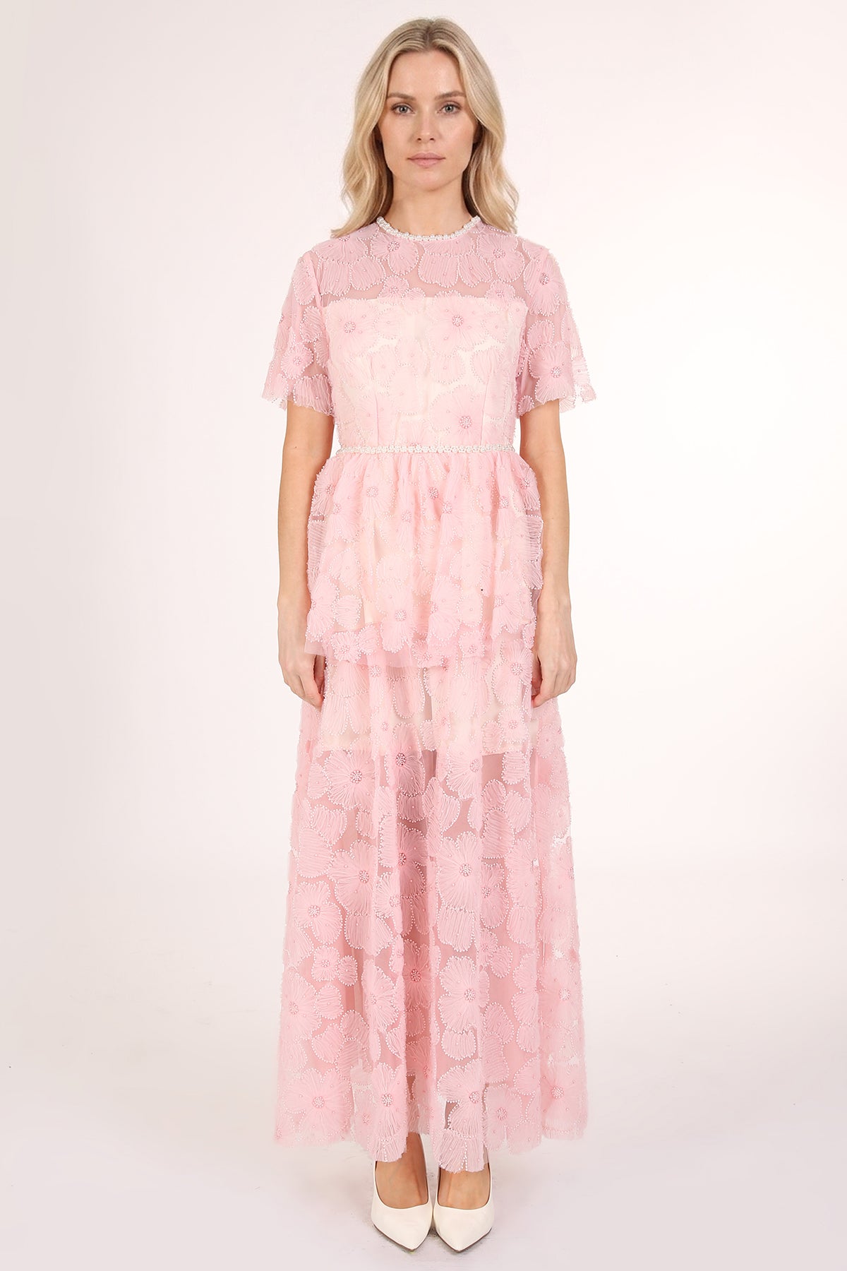 Micah Embellished Trim Floral Tulle Tiered Mesh Maxi Dress - Shop Beulah Style