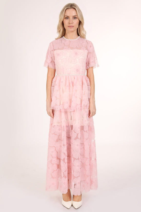 Micah Embellished Trim Floral Tulle Tiered Mesh Maxi Dress - Shop Beulah Style