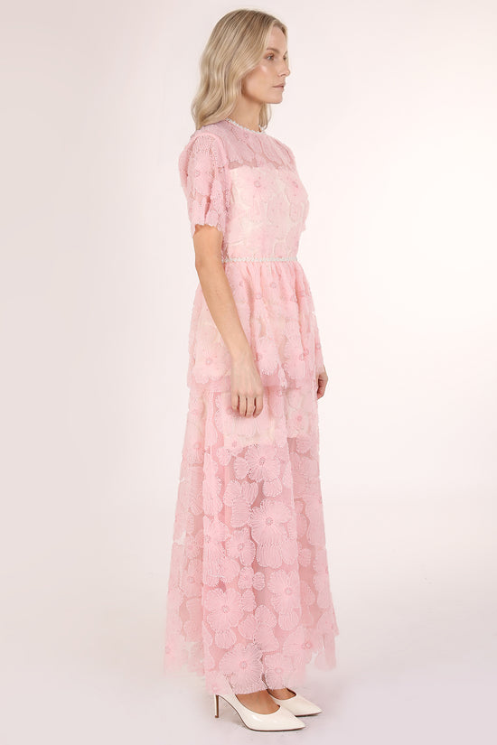 Micah Embellished Trim Floral Tulle Tiered Mesh Maxi Dress - Shop Beulah Style
