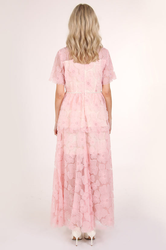 Micah Embellished Trim Floral Tulle Tiered Mesh Maxi Dress - Shop Beulah Style