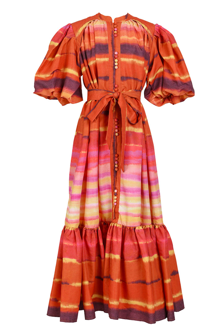 Isaac Abstract Print Belted Puff Flounce Maxi Dress - Shop Beulah Style