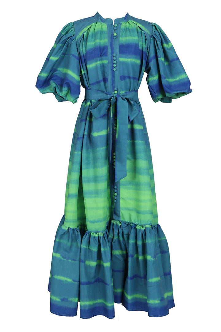 Isaac Abstract Print Belted Puff Flounce Maxi Dress - Shop Beulah Style