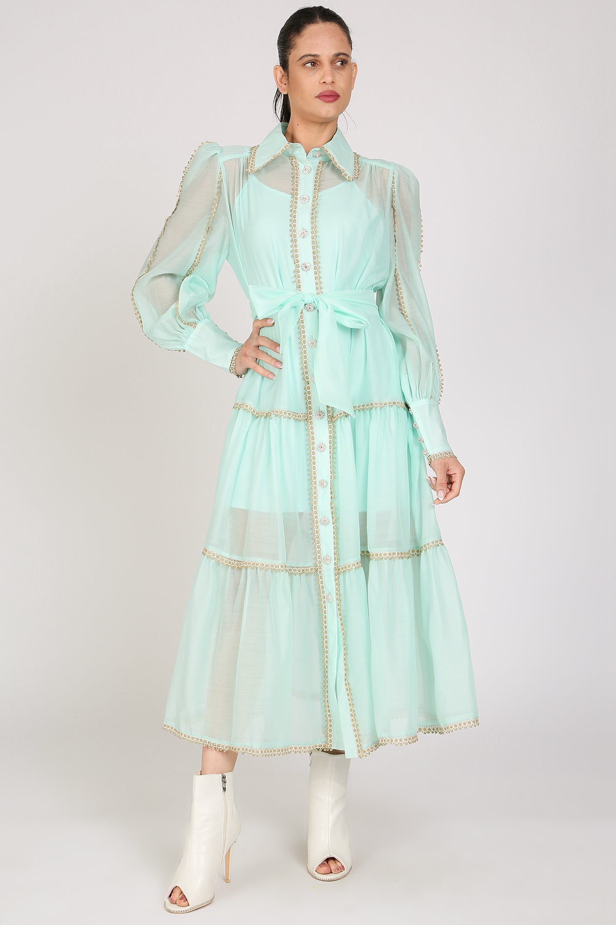 Glinda Lace Trim Details Tiered Sheer Maxi Dress - Shop Beulah Style