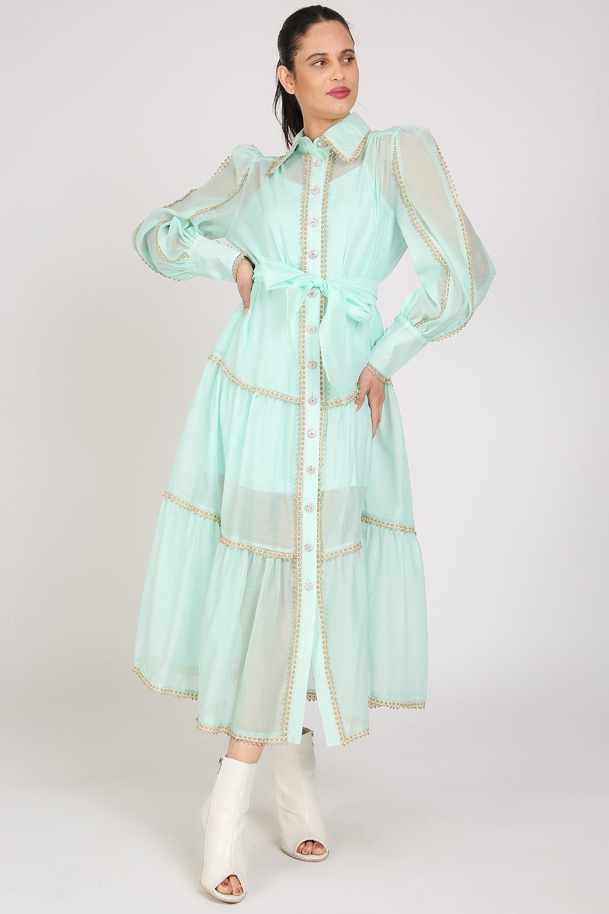 Glinda Lace Trim Details Tiered Sheer Maxi Dress - Shop Beulah Style