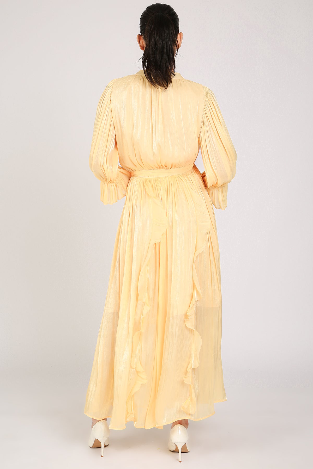 Ethan Glossy Pleated Satin V-Neck Ruffled Detail Maxi Dress - Shop Beulah Style