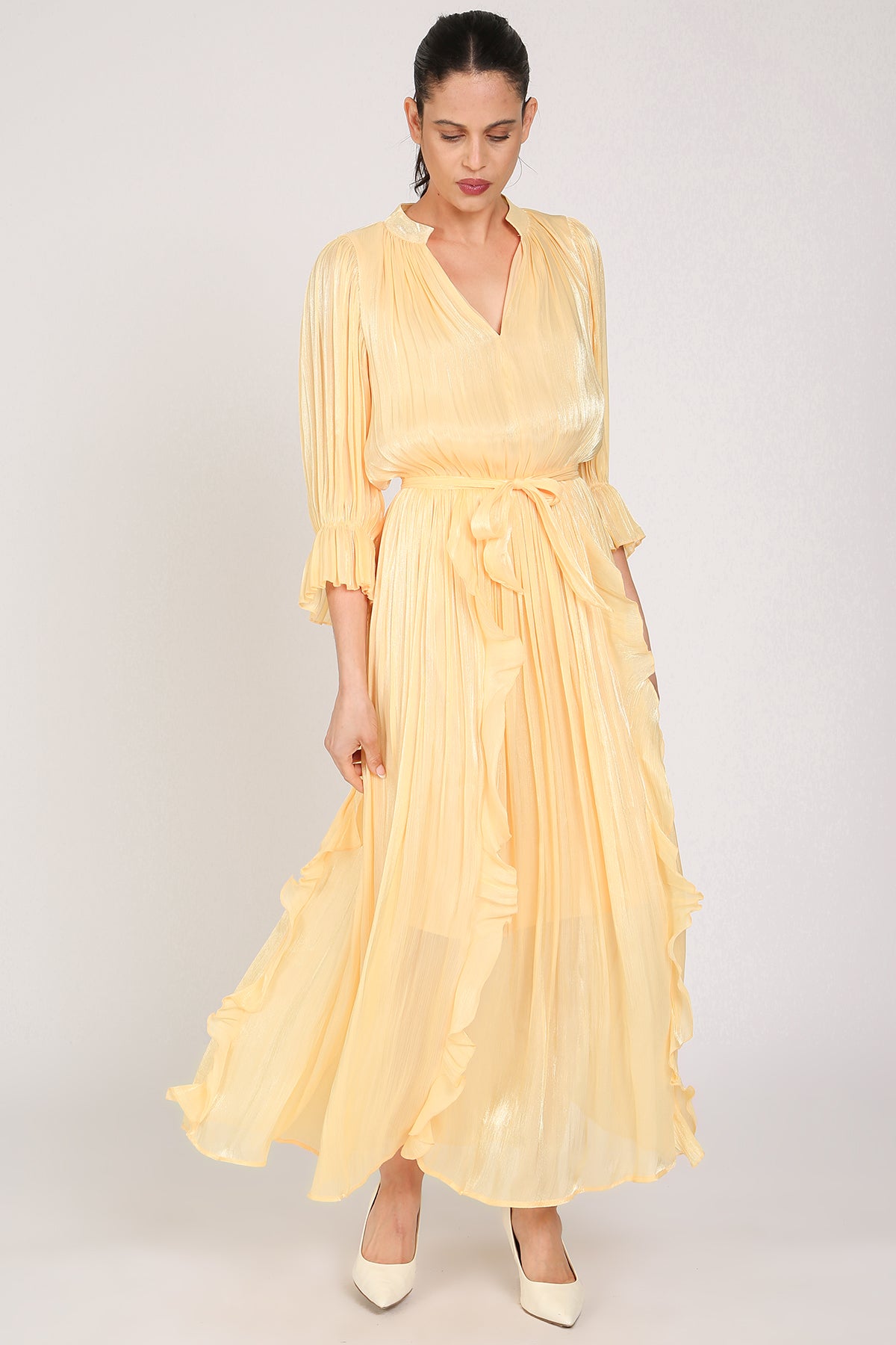 Ethan Glossy Pleated Satin V-Neck Ruffled Detail Maxi Dress - Shop Beulah Style