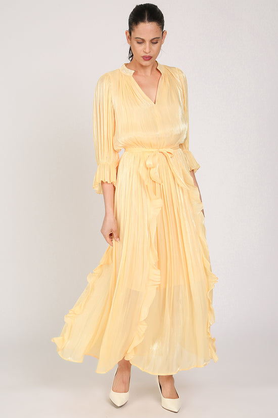 Ethan Glossy Pleated Satin V-Neck Ruffled Detail Maxi Dress - Shop Beulah Style