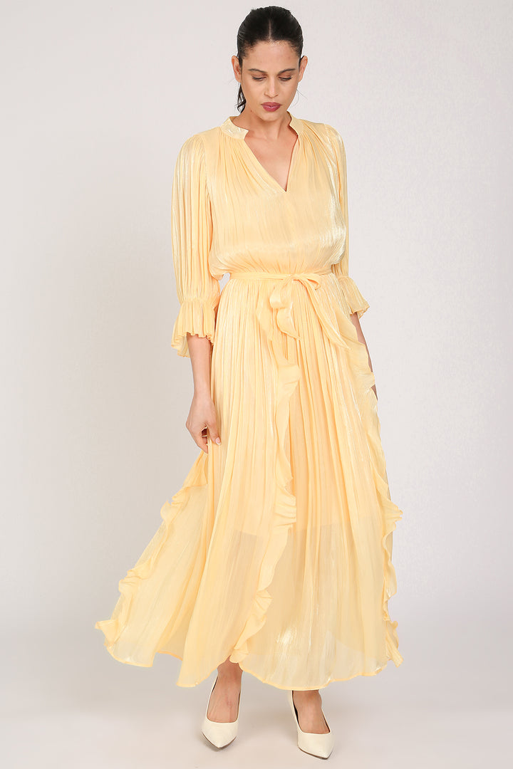 Ethan Glossy Pleated Satin V-Neck Ruffled Detail Maxi Dress - Shop Beulah Style