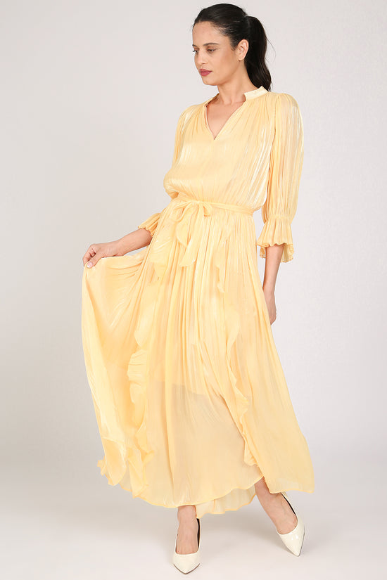 Ethan Glossy Pleated Satin V-Neck Ruffled Detail Maxi Dress - Shop Beulah Style