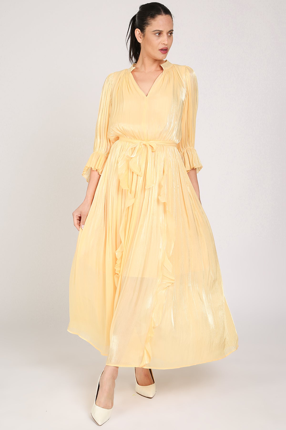 Ethan Glossy Pleated Satin V-Neck Ruffled Detail Maxi Dress - Shop Beulah Style