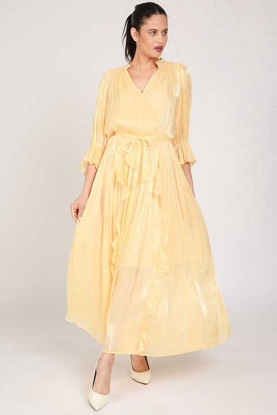 Ethan Glossy Pleated Satin V-Neck Ruffled Detail Maxi Dress - Shop Beulah Style