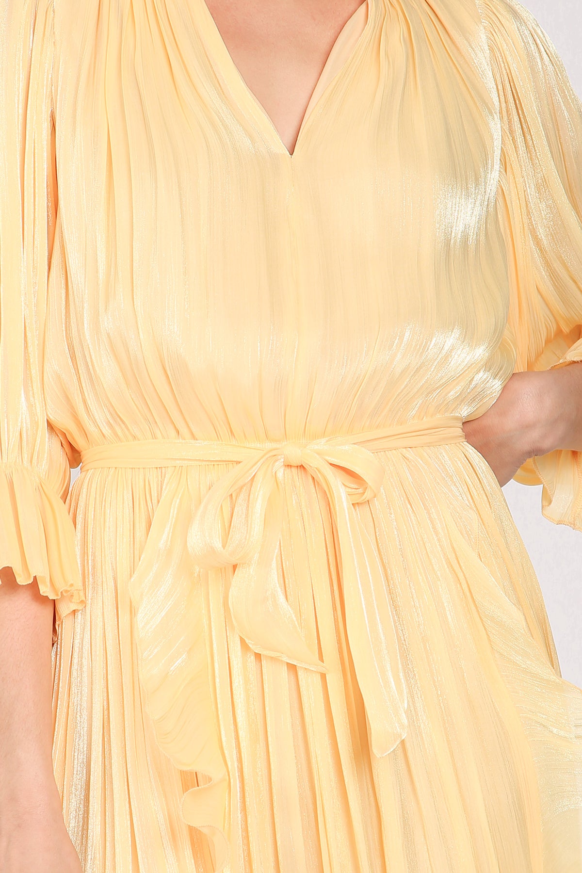 Ethan Glossy Pleated Satin V-Neck Ruffled Detail Maxi Dress - Shop Beulah Style