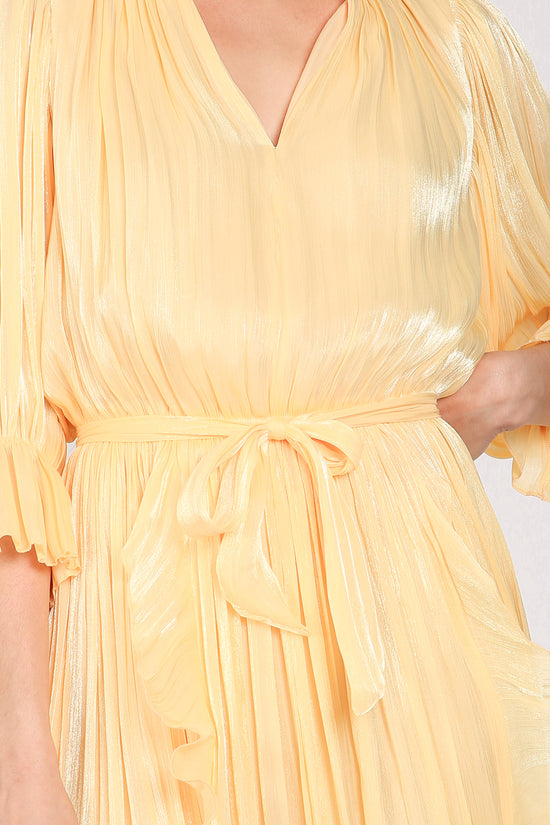 Ethan Glossy Pleated Satin V-Neck Ruffled Detail Maxi Dress - Shop Beulah Style