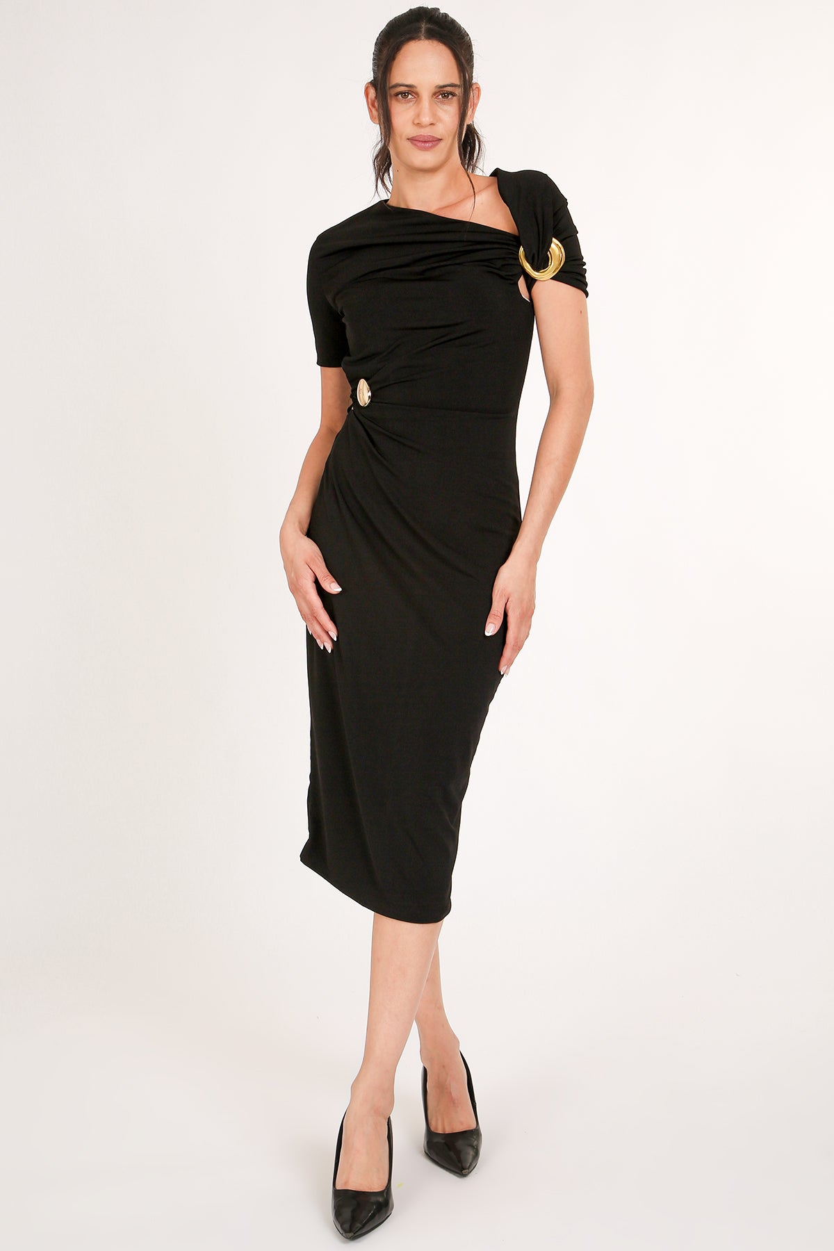 Sebastian Asymmetrical Multi-Brooch Midi Bodycon Dress - Shop Beulah Style