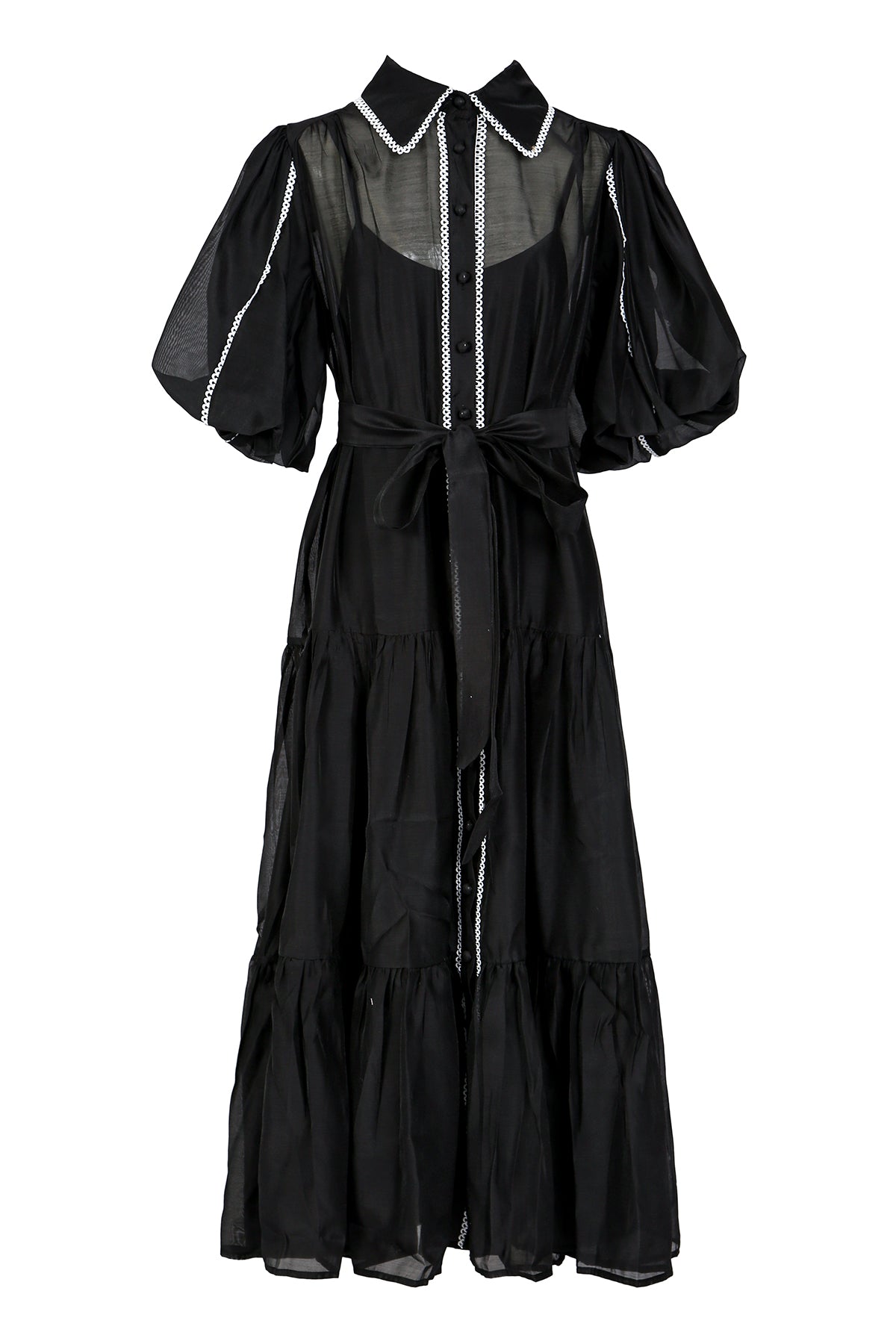 Phillip Lace Trim Belted Chiffon Puff Maxi Shirt Dress