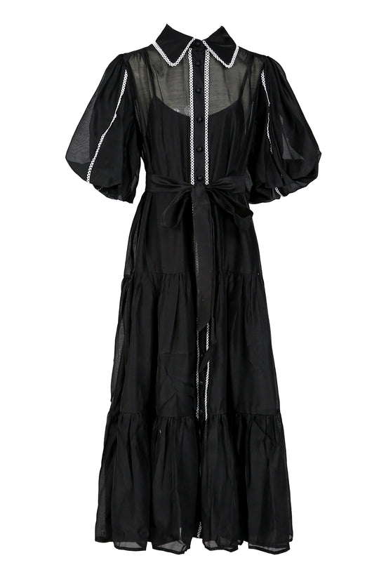 Phillip Lace Trim Belted Chiffon Puff Maxi Shirt Dress
