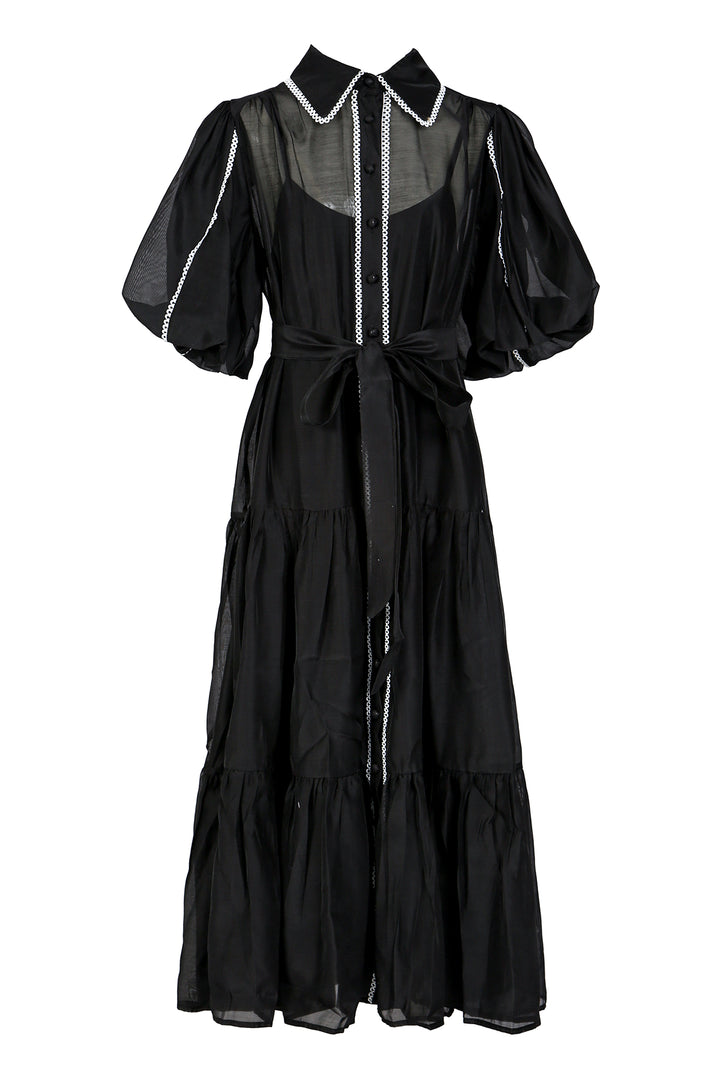 Phillip Lace Trim Belted Chiffon Puff Maxi Shirt Dress