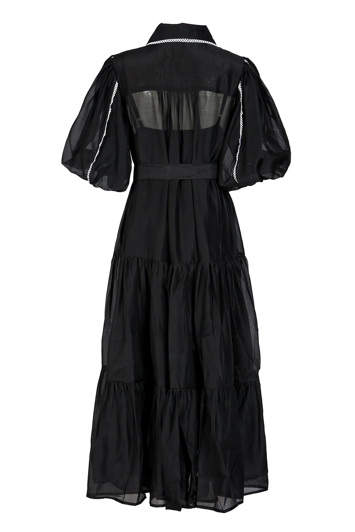 Phillip Lace Trim Belted Chiffon Puff Maxi Shirt Dress