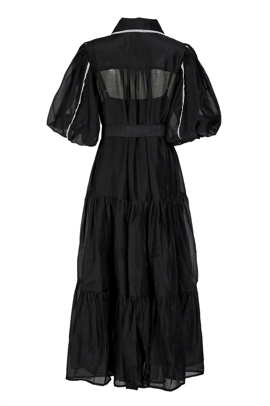 Phillip Lace Trim Belted Chiffon Puff Maxi Shirt Dress