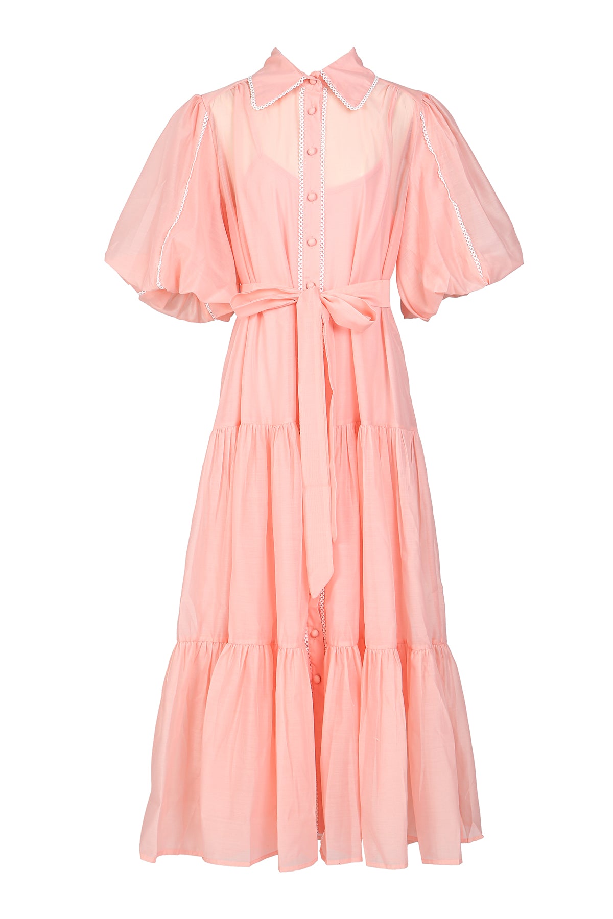Phillip Lace Trim Belted Chiffon Puff Maxi Shirt Dress
