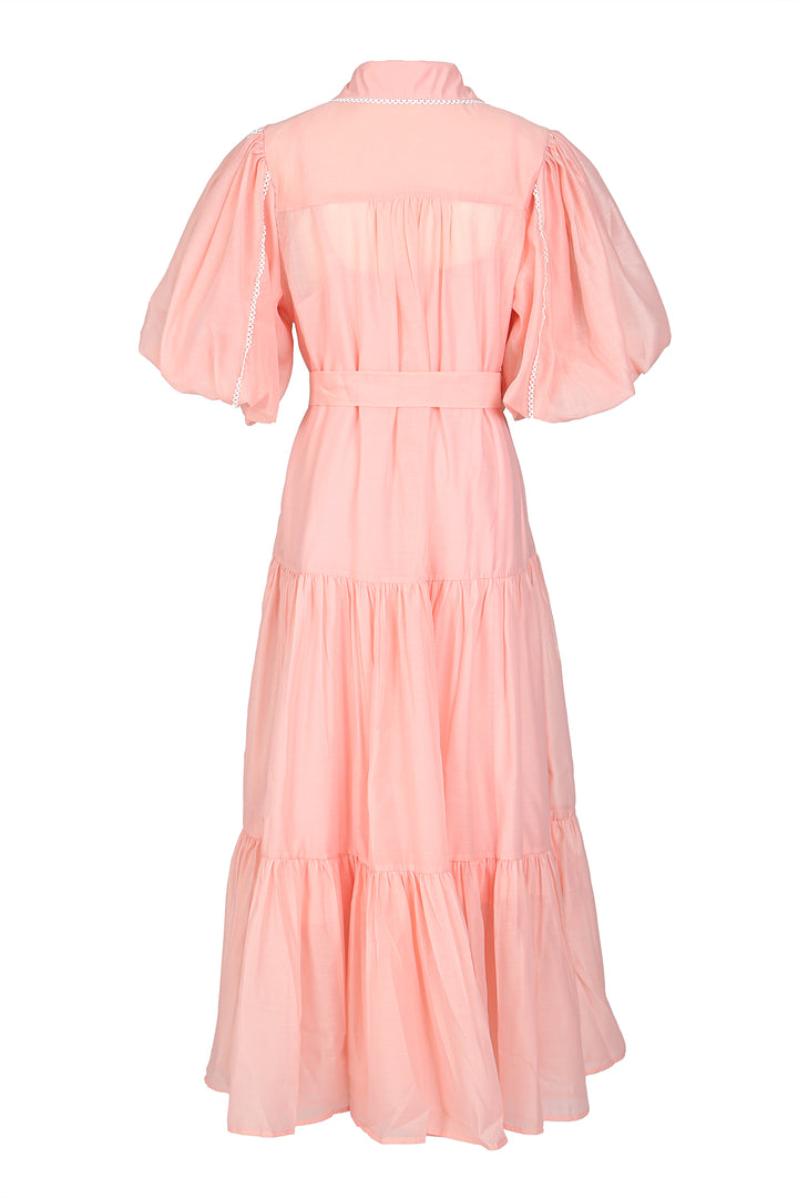 Phillip Lace Trim Belted Chiffon Puff Maxi Shirt Dress