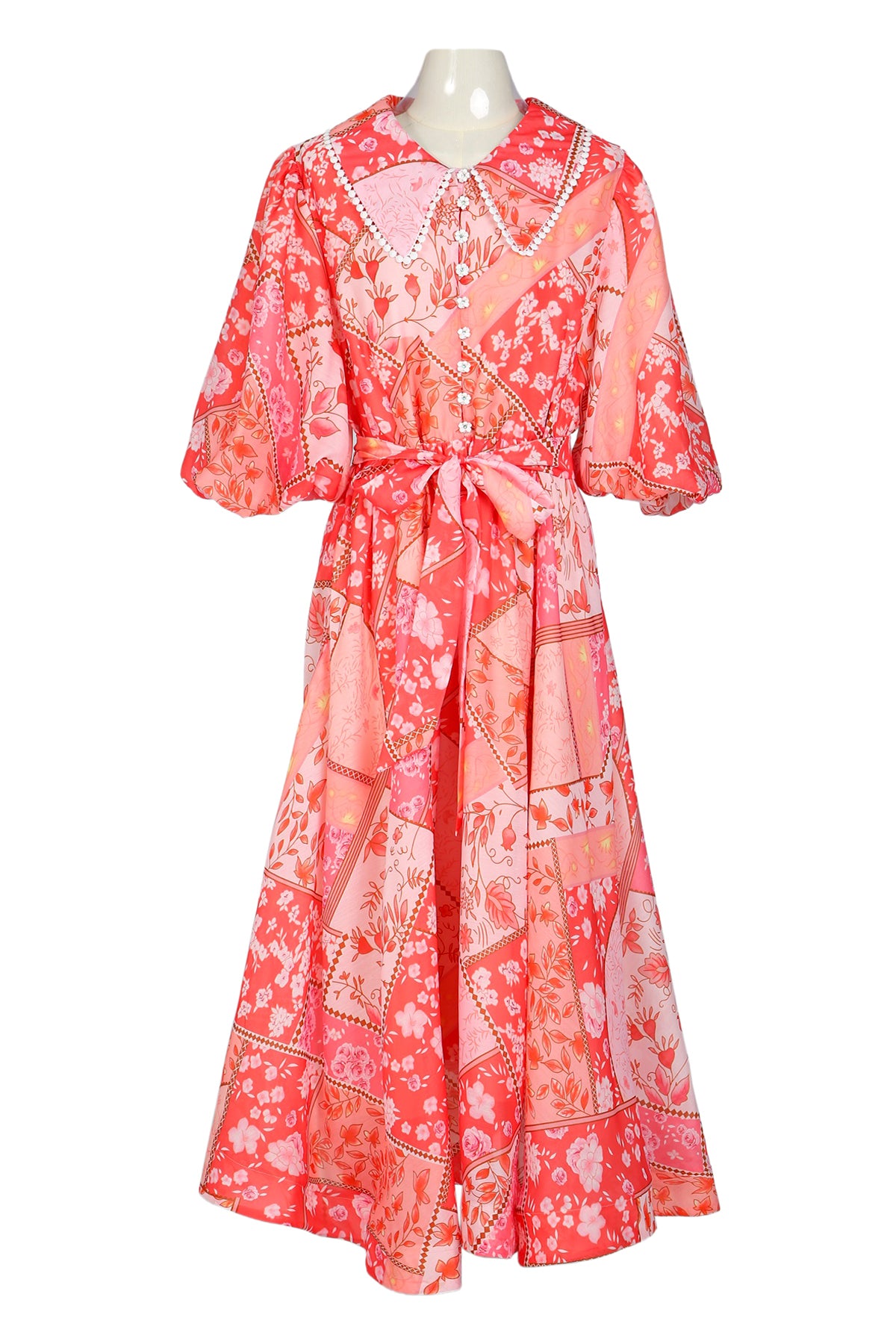 Robert Floral Patchwork Lace Trim Belted Maxi Button Up Dress