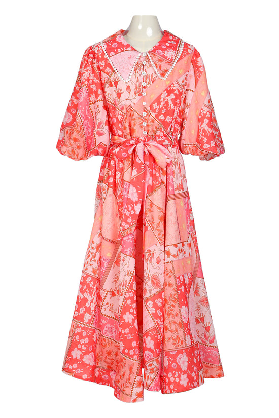 Robert Floral Patchwork Lace Trim Belted Maxi Button Up Dress