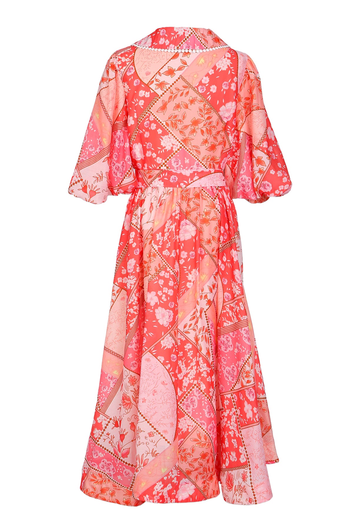 Robert Floral Patchwork Lace Trim Belted Maxi Button Up Dress